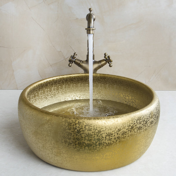 round paint golden bowl sinks / vessel basins with washbasin ceramic basin sink & antique brass faucet tap set 46048631