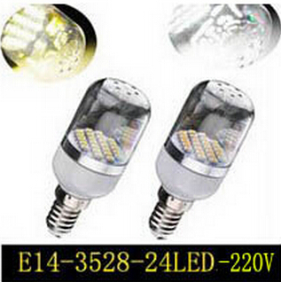 led lamps e14 smd3528 3w 24led 220v corn light cold white/warm white transparent cover bulb lamp 1pcs/lot zm00035