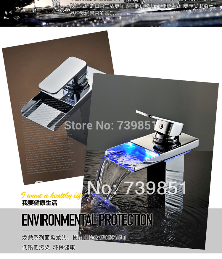 copper sink chrome led lighting color changing waterfall bathroom faucet mixer tap torneira com cascata led banheiro