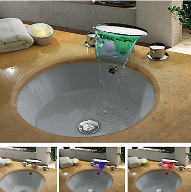 copper sink led color chaning temperature sensor widespread waterfall bathroom faucet mixer water tap torneira led grifo