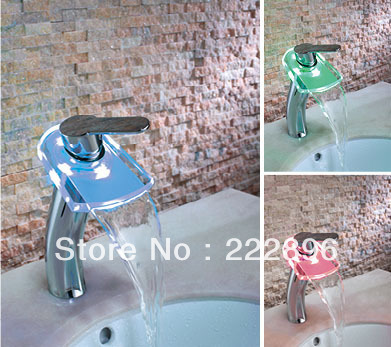 copper sink vessel led color chaning temperature detectable waterfall bathroom faucet mixer tap torneira led banheiro grifo ledl