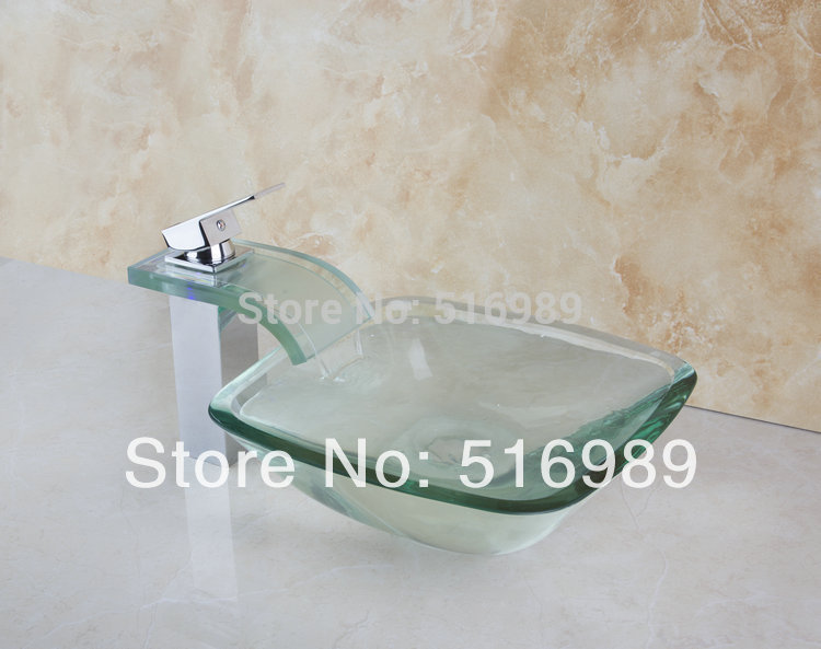 bathroom sink washbasin modern led chrome faucet square bathroom basin faucet +pop up drain +glass lavatory basin set - Click Image to Close