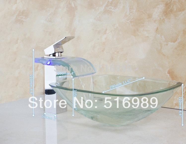 bathroom sink washbasin modern led chrome faucet square bathroom basin faucet +pop up drain +glass lavatory basin set