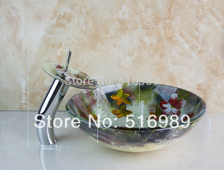 beautiful flower deck mounted chrome finish faucet washbasin bathroom glass sink with water pop up drain basin set