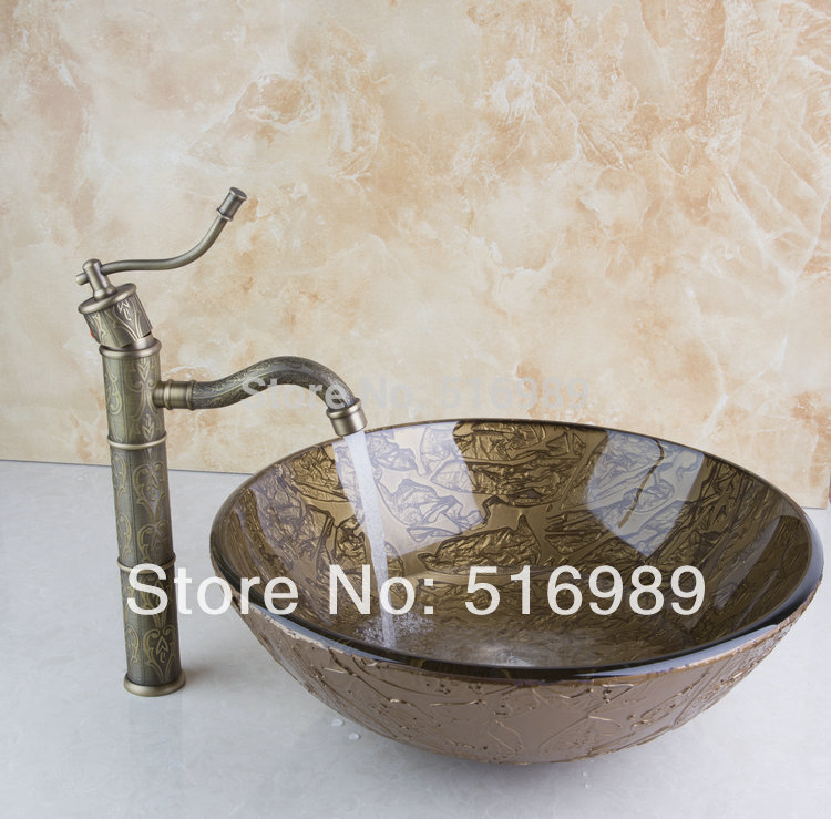 classic antique brass faucet bathroom basin faucet with drainer glass lavatory basin set - Click Image to Close