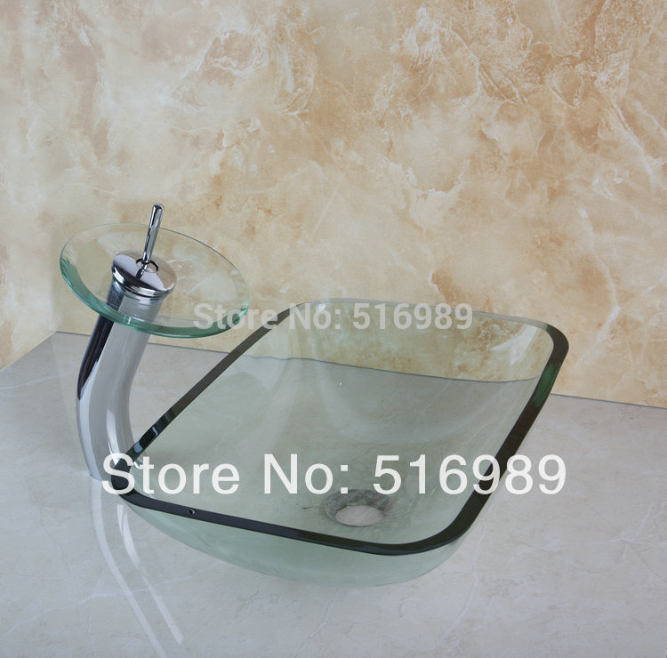 clear single hole square chrome faucet washbasin bathroom glass sink with water pop up drain basin set