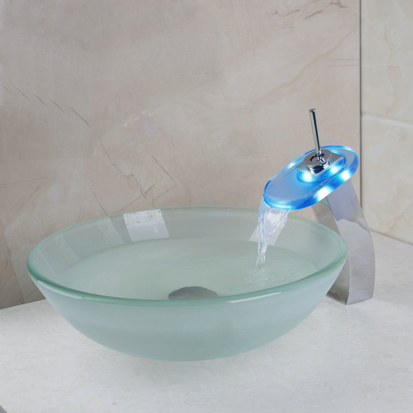 frosted victory glass bowl,bathroom sink,wash chrome led waterfall faucet with tempered glass bathroom sink set 40678015g-1