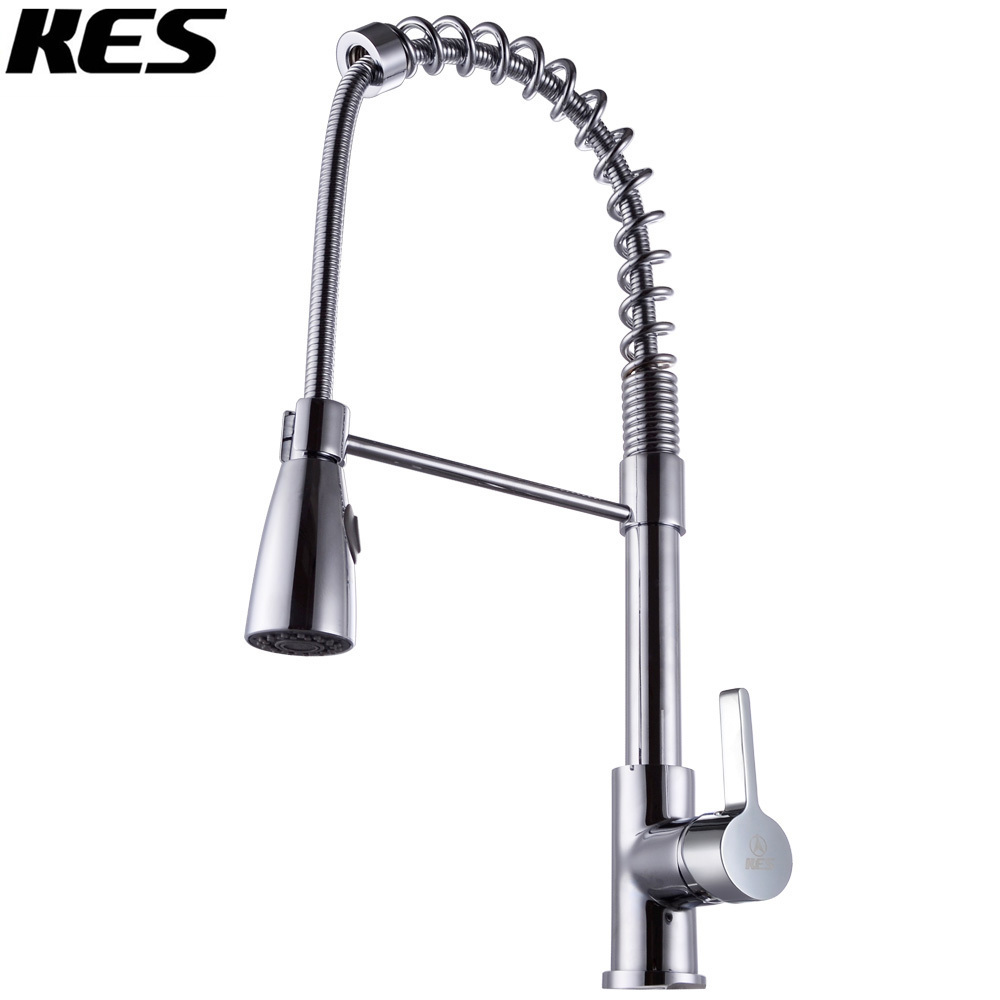 kes l6907-2 brass single handle high arc spring pull down kitchen faucet with swivel spout, chrome/brushed nickel