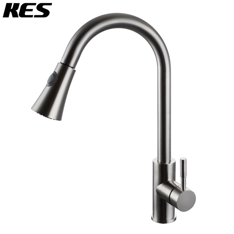 kes l6950a/b/c single lever high arc pull down kitchen faucet with swivel spout lead , brushed stainless steel - Click Image to Close