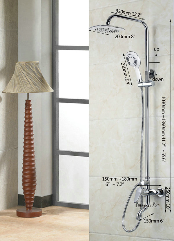 chrome bathroom shower faucet 8" square shower head with handle shower and mixer shower set ds-53026 - Click Image to Close