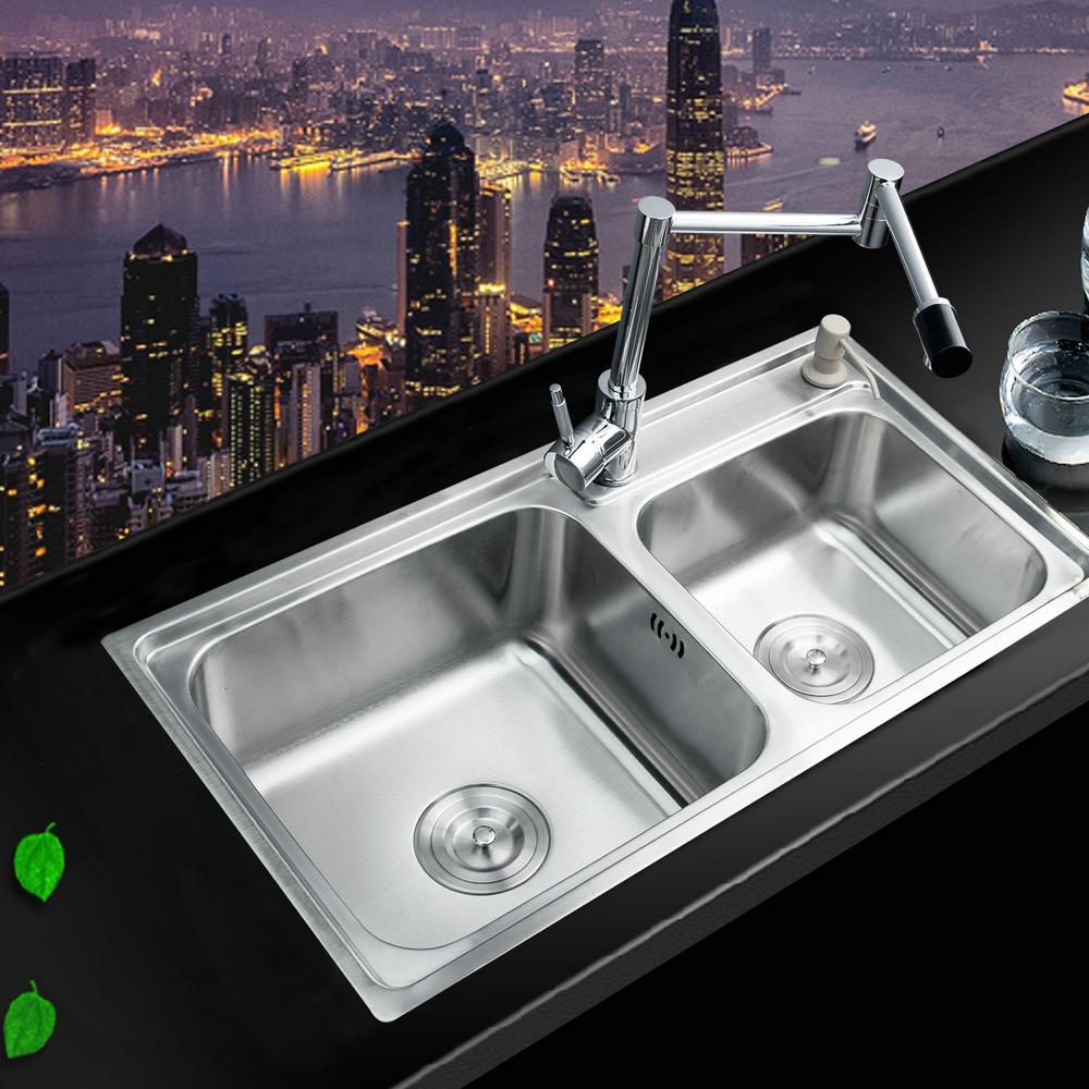 hello kitchen stainless steel sink vessel kitchen washing dishes double bowl ss-98528-4/110 +brass swivel kitchen sink faucet