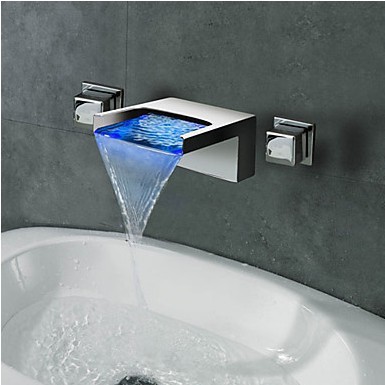 copper sink wall mount dual handle led color changing temperature sensor bathroom faucet mixer waterfall tap torneira banheiro