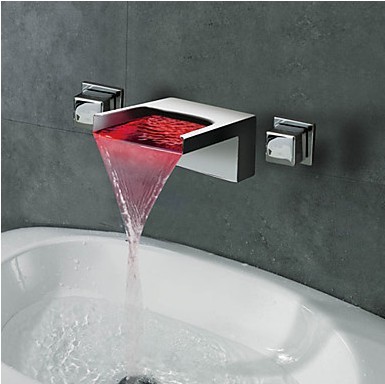 copper sink wall mount dual handle led color changing temperature sensor bathroom faucet mixer waterfall tap torneira banheiro