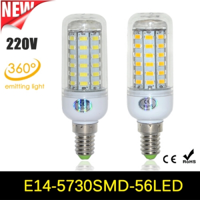 4pcs/lots 15w high power 56leds smd 5730 e14 ac 220v led lamp light ultra bright 5730smd led corn bulb chandelier spotlight