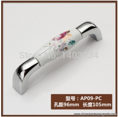 5pcs 96mm zinc alloy chrome shiny finish modern handle cabinet ceramic handle drawer pulls tulip flower print