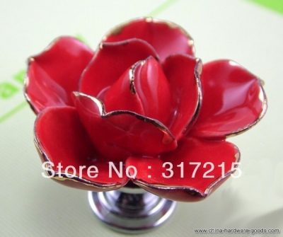 5pcs hand made ceramic red rose knobs with silver chrome base flower knob cabinet pull kitchen cupboard kids knobs mg-18 [Door knobs|pulls-1749]