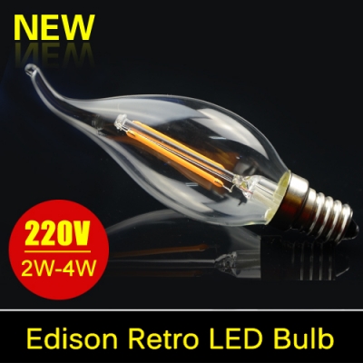 new e14 led lamp filament glass housing blub 220v 2w 4w warm white light brightness 360 degree retro candle chandelier 10pcs/lot [led-filament-bulb-5603]
