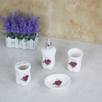 purple flower ceramic soap dish dispenser tumbler toothbrush holder bathroom accessory set xld8017 [4-pcs-ceramic-accessories-set-775]