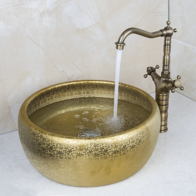 round paint golden bowl sinks / vessel basins with washbasin ceramic basin sink & antique brass faucet tap set 46048631 [ceramic-basin-faucet-set-2274]