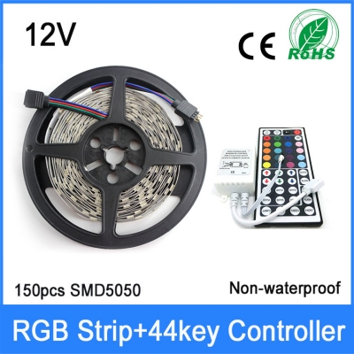 super affordable 5m rgb led strip smd 5050 30led/m flexible non waterproof 150 led 44key remote controller 12v 3a power adapter