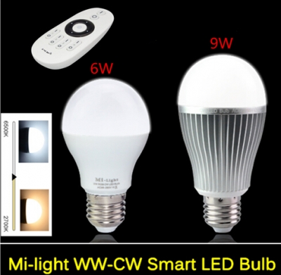 wireless e27 6w 9w led mi light lamp bulb 2.4g wifi remote control led lamp brightness color temperature dimmable led bulb [led-smart-mi-light-6009]