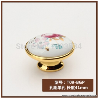 10cs oval shape ceramic zinc alloy golden color modern knob cabinet knob drawer pulls tulip flower print