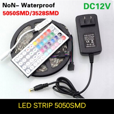 5050 3528 smd led strip light dc12v 5m 60leds/m fiexble light led tape + 44keys ir remote controller + 2a power supply