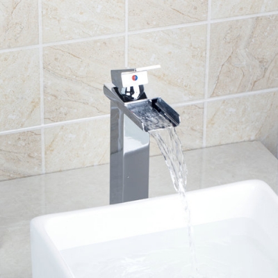 chrome tall waterfall spout single handle/hole bathroom vessel vanity wash basin 8259g/6 deck mounted sink tap mixer faucet [waterfall-spout-faucet-9464]