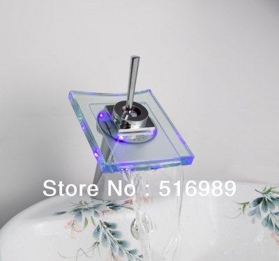 luxury led color changing bathroom basin faucet modern square waterfall spout mixer tap faucet glass1 [led-faucet-5515]