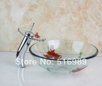 newly golden fish washbasin tempered bathroom nice glass sink with water faucet basin set [glass-lavatory-basin-faucet-set-3765]