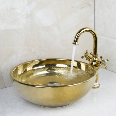 polished golden bowl sinks / vessel basins with waterfall faucet washbasin ceramic basin sink & faucet tap set 46029834 [ceramic-basin-faucet-set-2273]