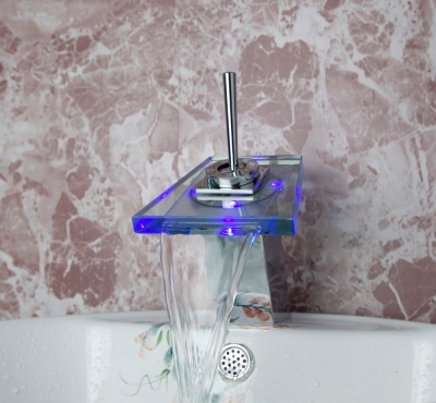 singl/swivel handle led chrome faucet sink mixer waterfall bathroom basin tap glass changable color tree471 [led-faucet-5550]