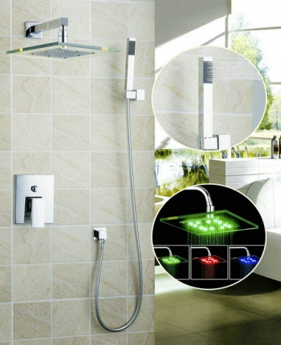 tempered glass shower set torneira led light 10" rainfall shower head bathroom 58803a bathtub chrome basin sink tap mixer faucet [shower-faucet-set-8444]