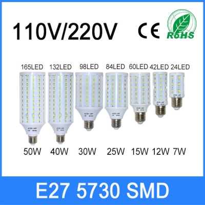 ultra bright smd 5730 5630 e27 e14 led lamp 220v 110v 7w 12w 15w 25w 30w 40w 50w high lumen led corn bulb spot light 2pcs/lots [e27-led-bulbs-3220]