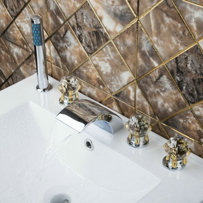 waterfall 5 pieces diamond double handles chrome 11tt2 deck mounted shower bathroom basin sink brass bathtub tap mixer faucet [3-pcs-bathtub-faucet-set-622]