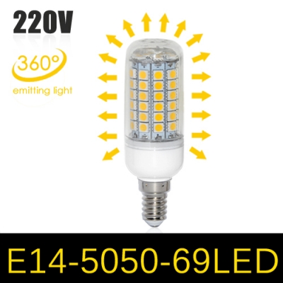1pcs 2014 new arrival led lamps 15w e14 69leds ultra bright 5050 smd corn led bulb ac 220v wall ceiling light