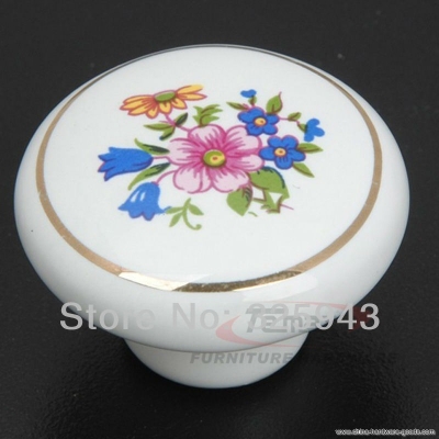 2pcs 38mm countryside white flower ceramic knobs and pulls kitchen cabinet dresser drawer handles furniture [Door knobs|pulls-1669]