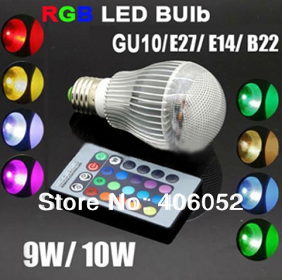2pcs/lot e27 gu10 rgb led bulb 9w 10w ac 85-265v led bulb lamp with remote control multiple colour spotlight led lighting