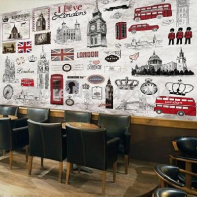 3d vintage retro london hand-painted european large wall murals wallpaper of television background wall paper mural [3d-large-murals-wallpaper-688]