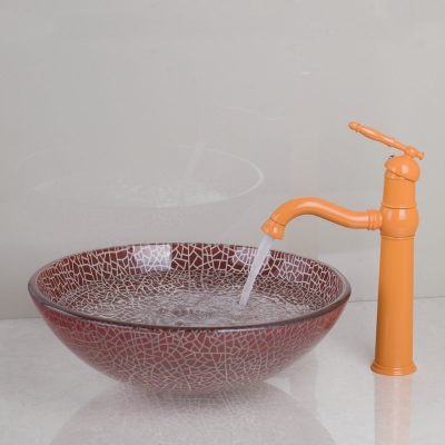 bathroom tempered glass basin sink set with orange painting solid brass faucet taps,bathroom water drain 427397053