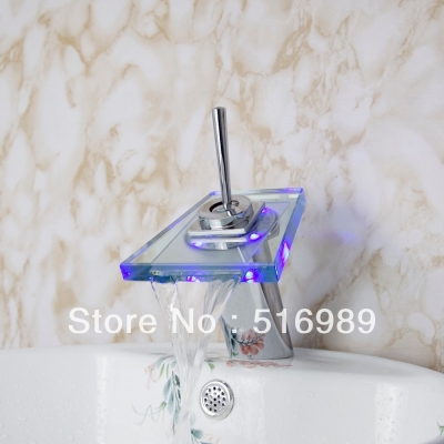 brass&glass led waterfall bathroom brass basin sink faucet mixer tap chrome tree491