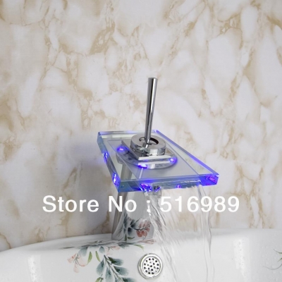 /cold water bathroom vanity square toughen glass waterfall led light sink basin mixer tap faucetgrass1 [led-faucet-5486]