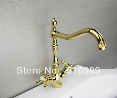 deck mount golden polished double handles bathroom sink mixer vessel tap basin faucet tree100 [golden-3833]