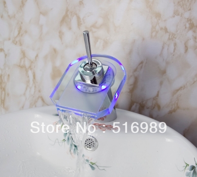 deck mount led 3 color single handle waterfall bathroom sink mixer tap chrome basin faucet grass9 [led-faucet-5460]