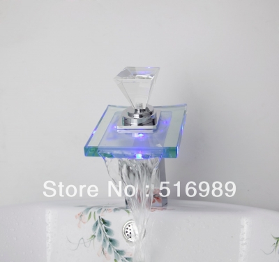 deck mount led color chaning basin vessel sink faucet waterfall glass spout mixer tap led828 [led-faucet-5461]