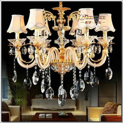 european golden crystal chandelier with 6 glass arms cristal lustres for living room with fabric lampshades md88006 [glass-chandeliers-3592]