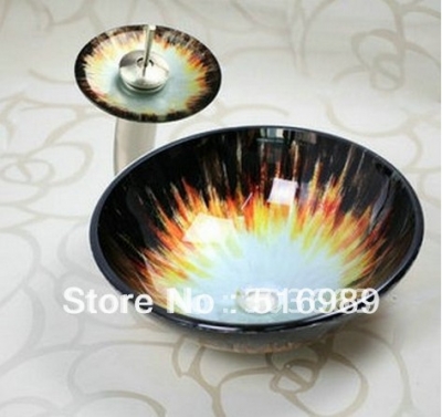 victory hand paint vessel washbasin tempered glass basin & brass faucet set hp0018 [glass-lavatory-basin-faucet-set-3784]