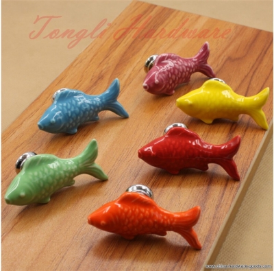 10 pcs/lot swimming fish ceramic door knob/handle for kids, suitable for cabinet, locker and drawer,