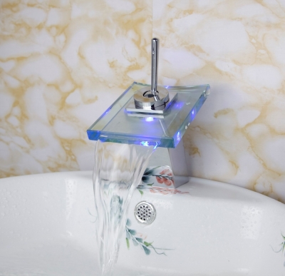 3 colors single handle short deck mount waterfall spout led brass faucet spout bathroom mixer tap chrome finish tree435 [led-faucet-5435]
