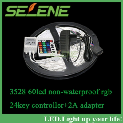 5m rgb led strip 3528 non-waterproof 60led/m dc12v led strip light 300 leds+24keys remote controller +2a adapter power supply [smd3528-8603]